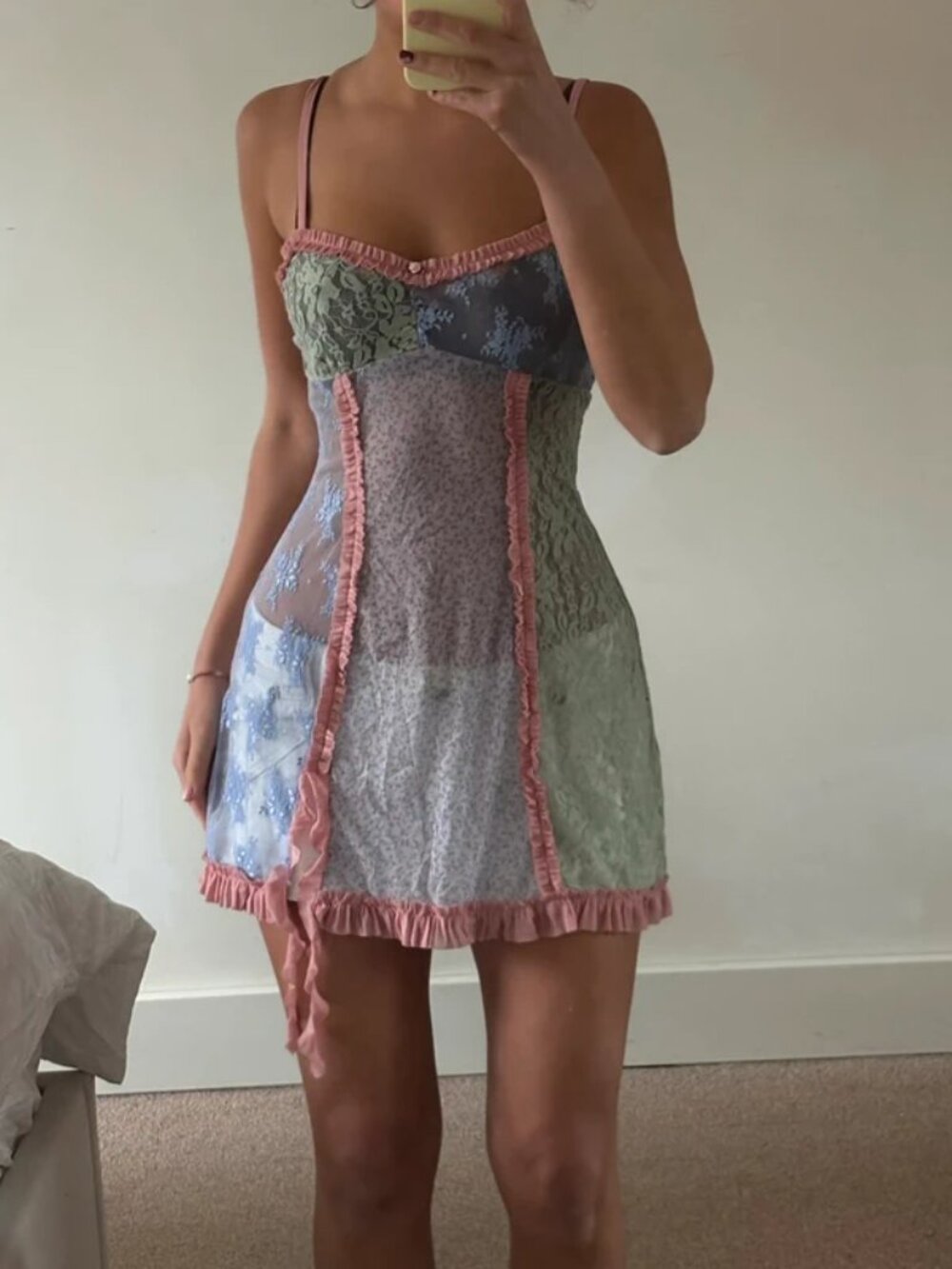 Pastel Lace Patchwork Slip Dress with Pink Trim - Picture 3 of 3